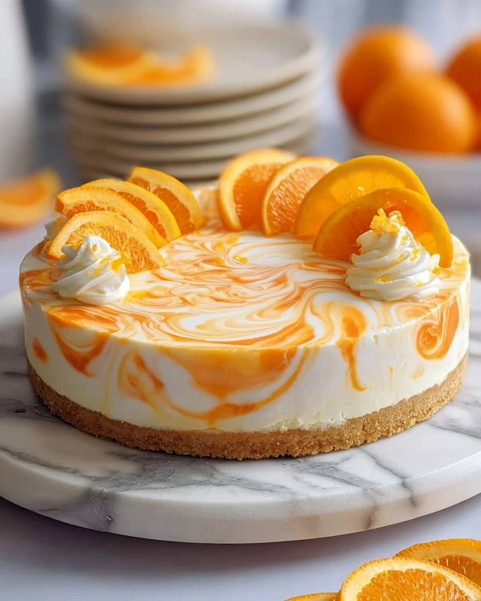 No-Bake Orange Creamsicle Cheesecake garnished with orange slices