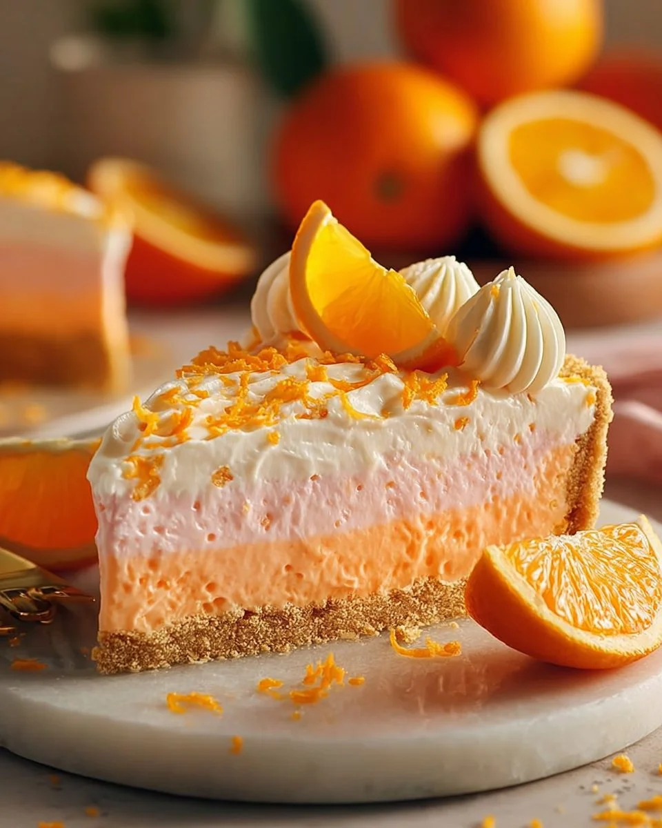 No-Bake Orange Creamsicle Pie with a creamy texture and orange topping