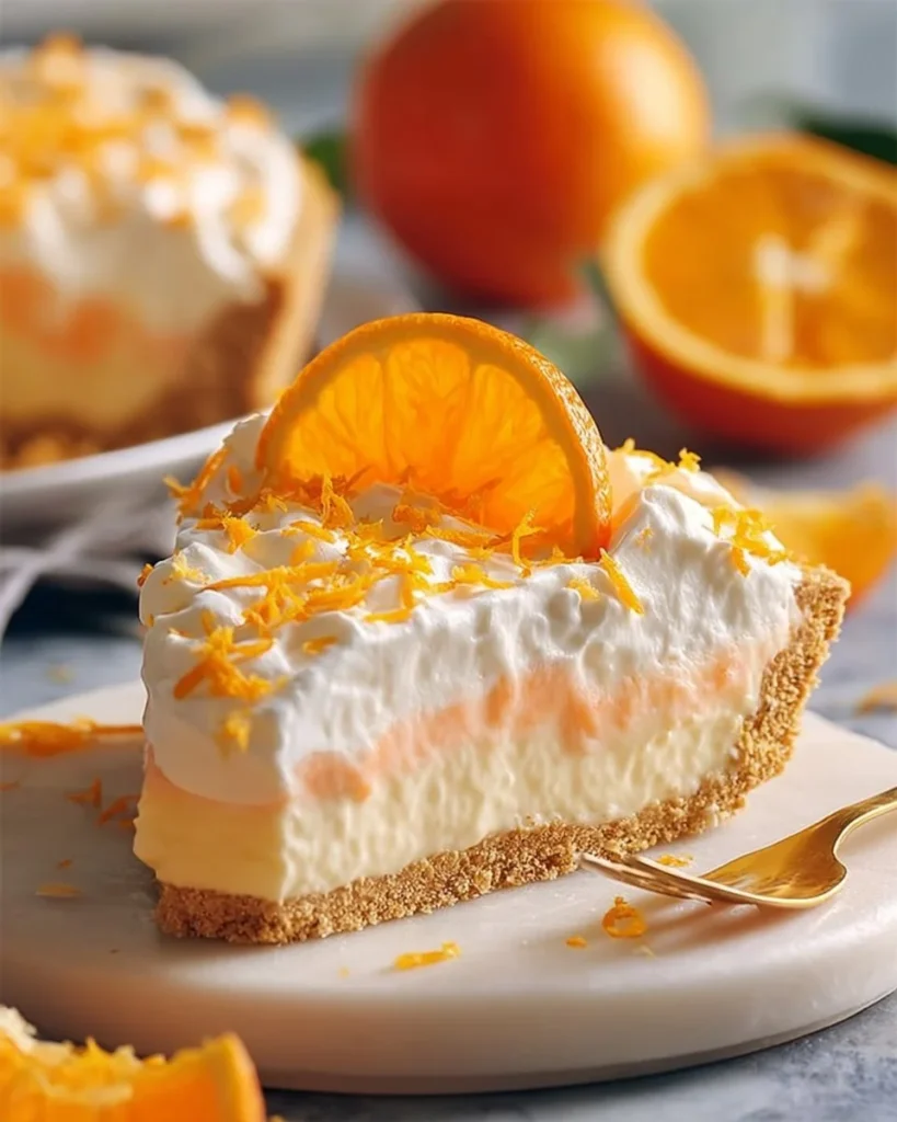 No-bake orange creamsicle pie served on a white plate with orange slices.