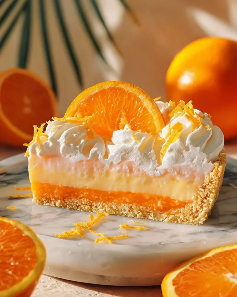 Delicious no-bake orange creamsicle pie with a crunchy crust and creamy filling