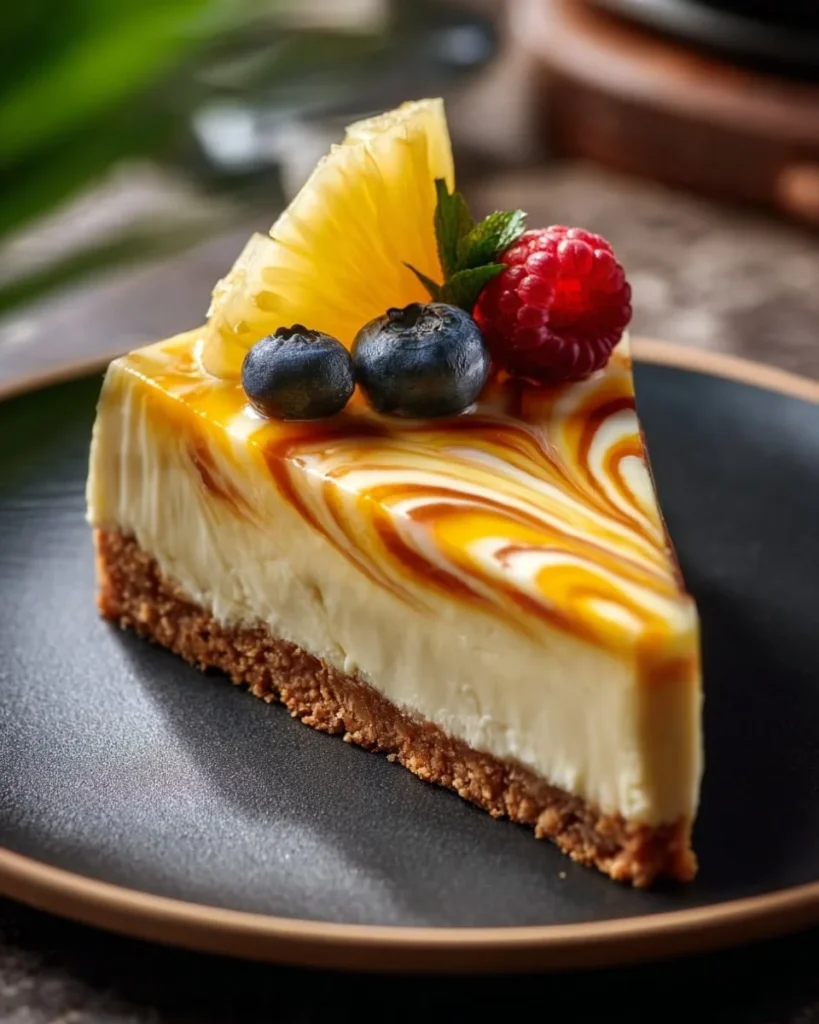 No-Bake Orange Pineapple Swirl Cheesecake topped with pineapple slices