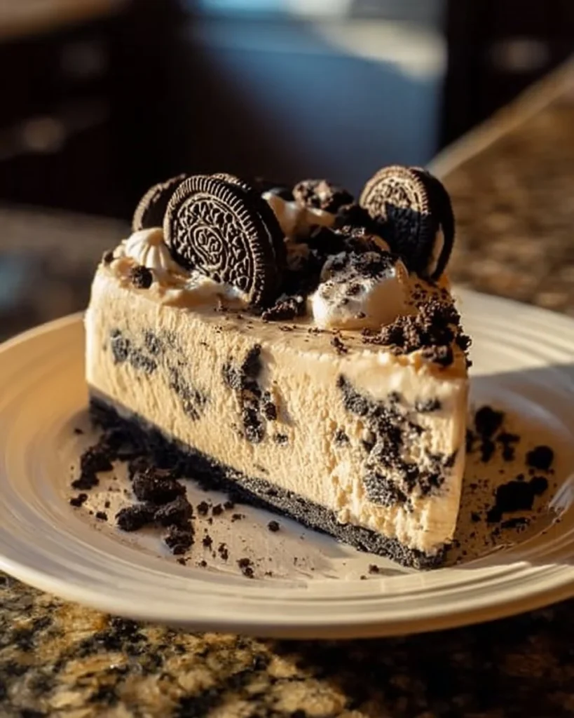 No bake Oreo cheesecake topped with crushed Oreos and chocolate drizzle