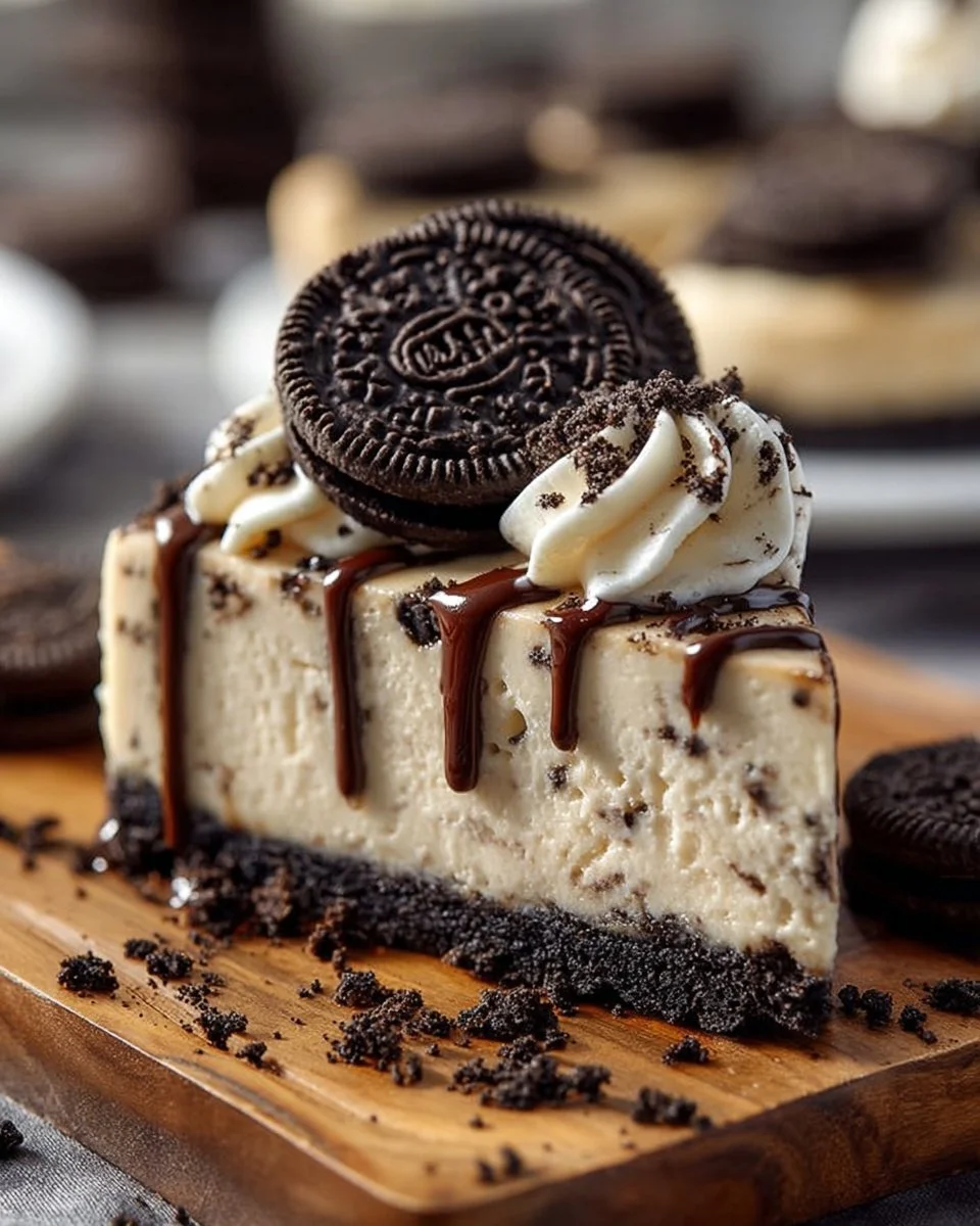 No-Bake Oreo Cheesecake topped with crushed Oreos and whipped cream.