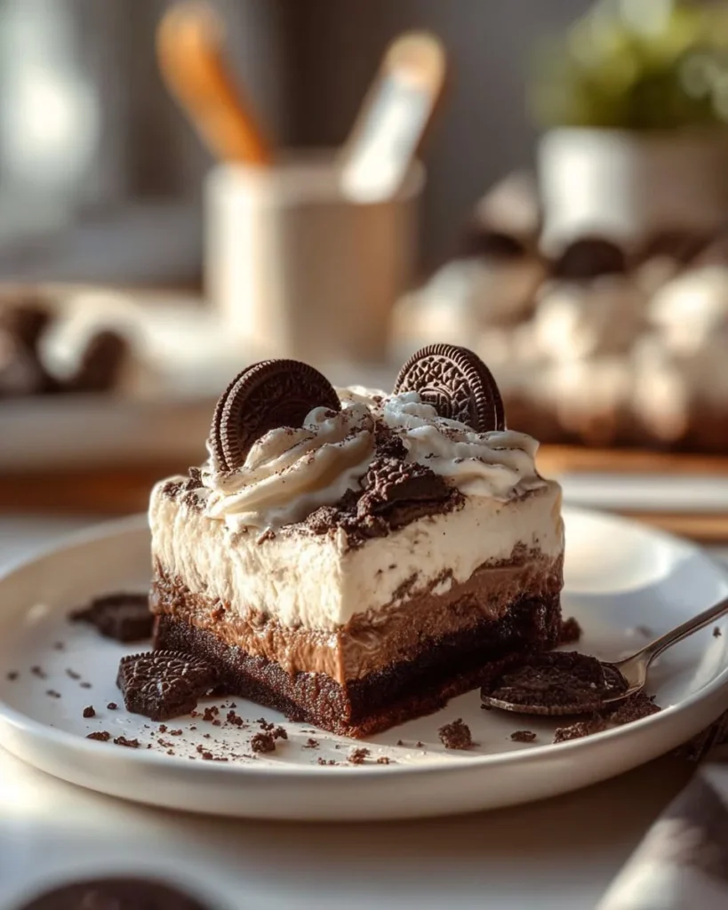 Delicious No Bake Oreo Dessert served in a glass dish