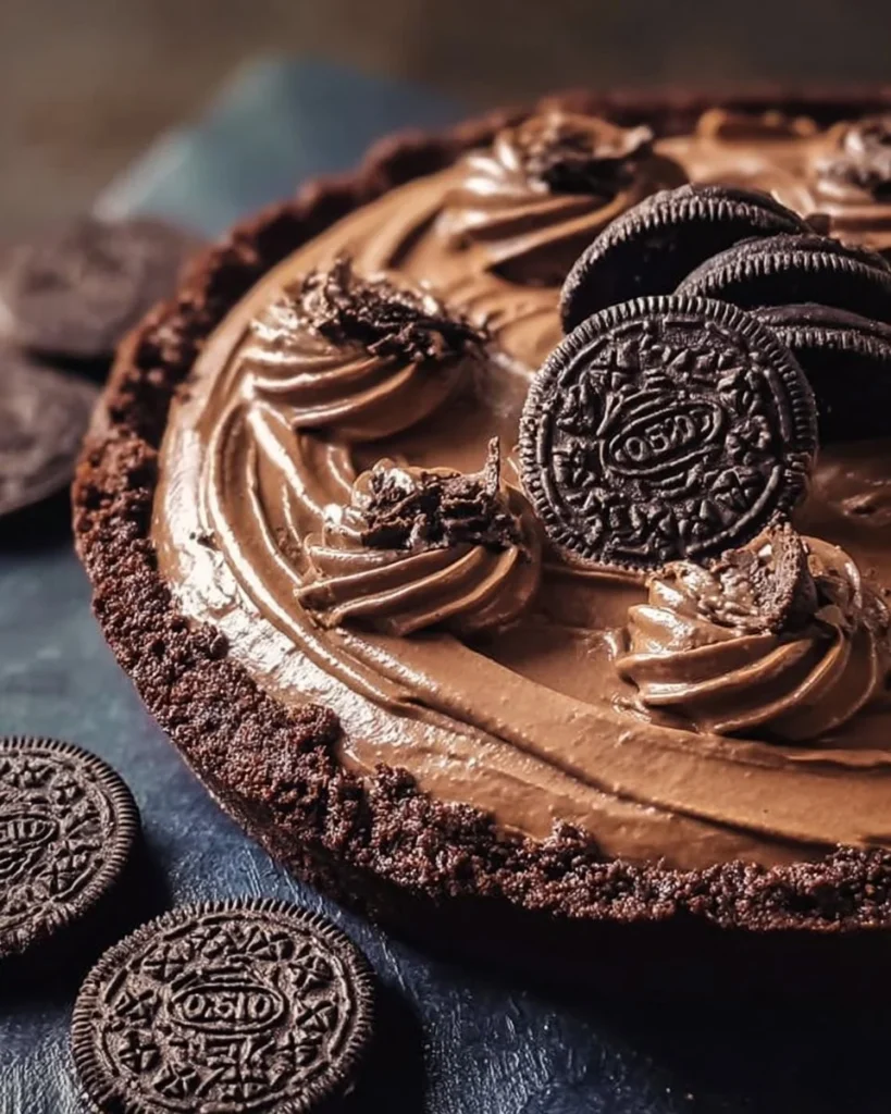 Delicious No-Bake Oreo Mud Pie topped with whipped cream and chocolate cookies