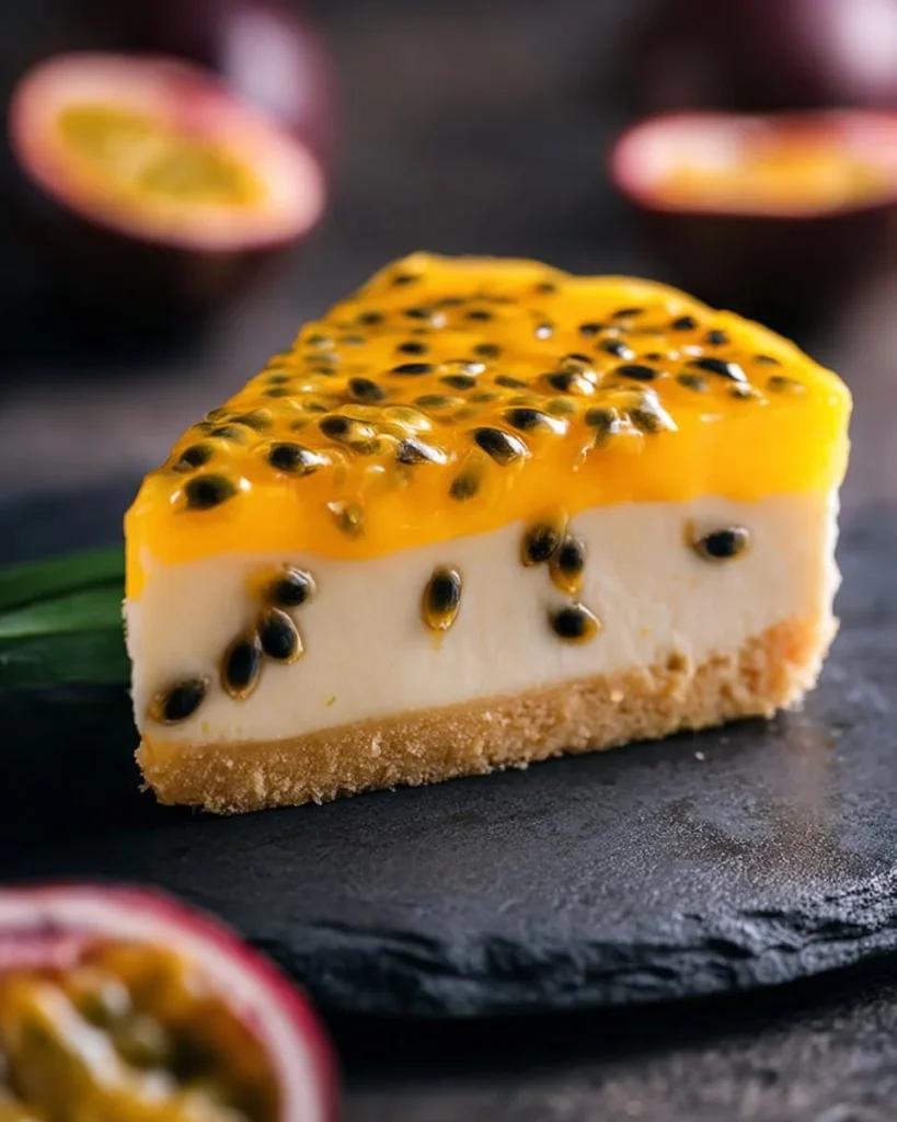 Delicious no-bake passion fruit cheesecake with vibrant toppings
