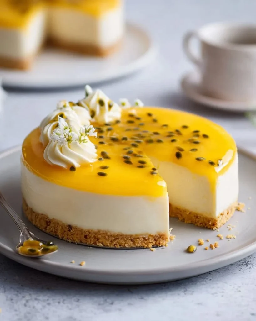 No-bake passionfruit cheesecake topped with fresh fruit and drizzled with passionfruit sauce