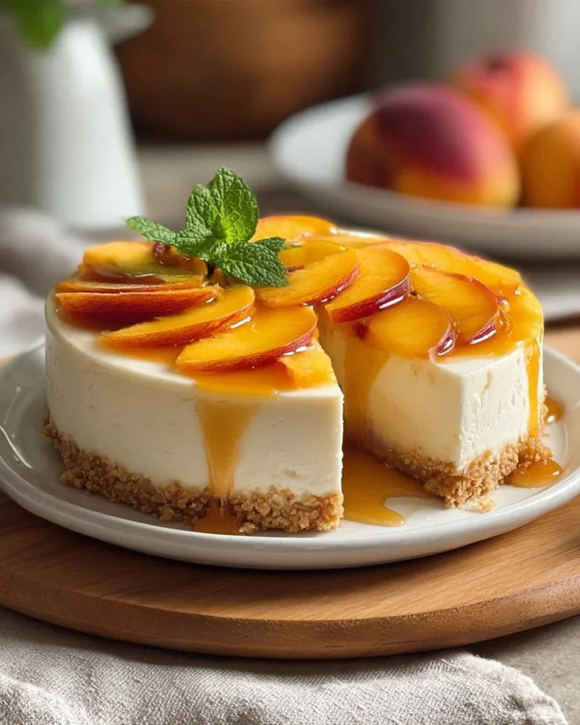 No-Bake Peach Cheesecake topped with fresh peach slices and whipped cream.