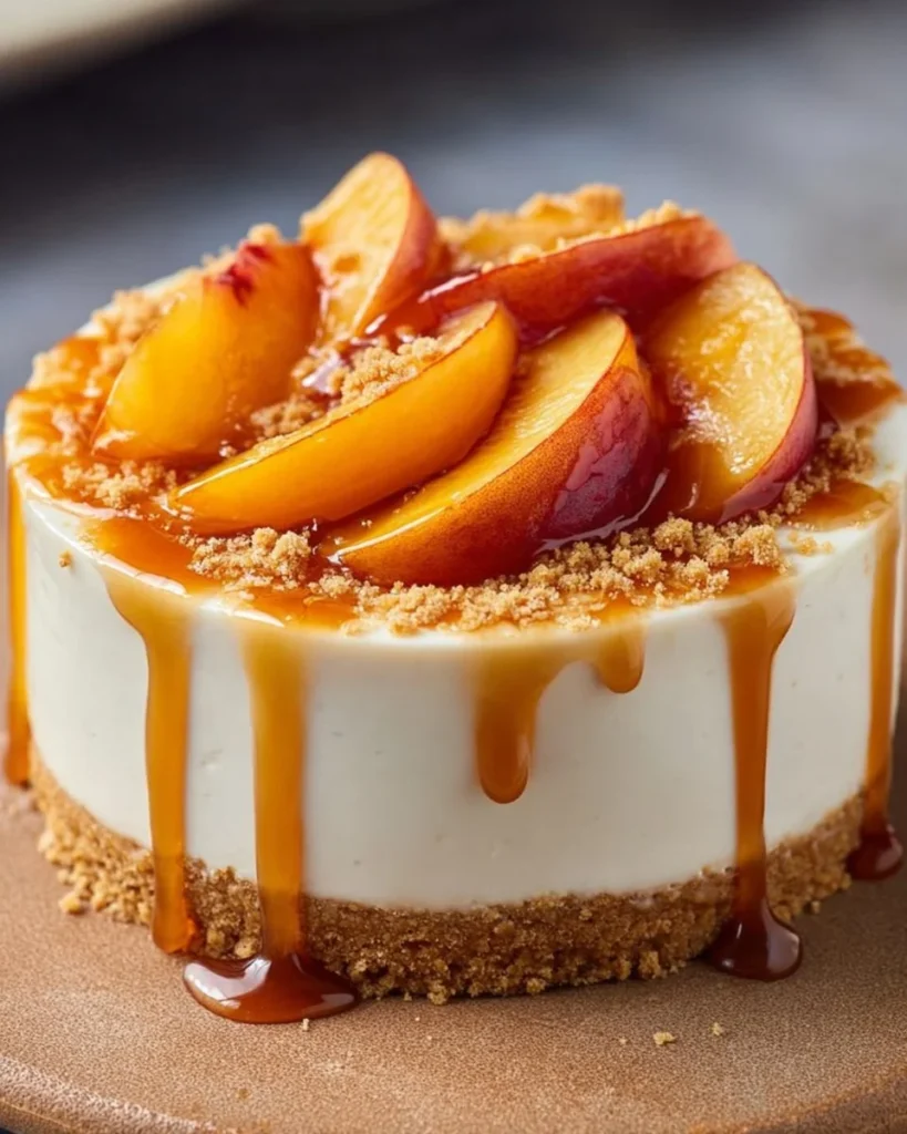 No-bake peach cheesecake with fresh peach slices and graham cracker crust