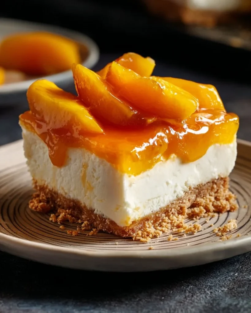 Delicious no bake peach cheesecake garnished with fresh peaches.