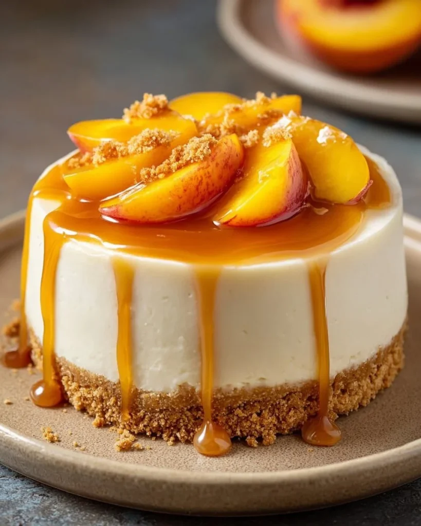 No-bake peach cheesecake topped with fresh peaches and cream.