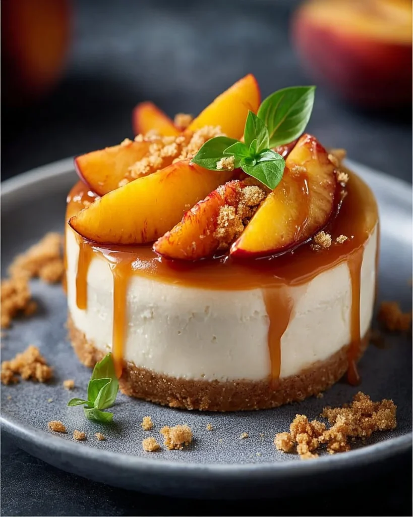 Delicious no-bake peach cheesecake topped with fresh peach slices.