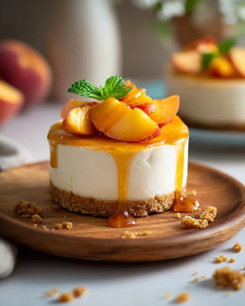 No-Bake Peach Cheesecake served in a dessert dish with fresh peaches on top.