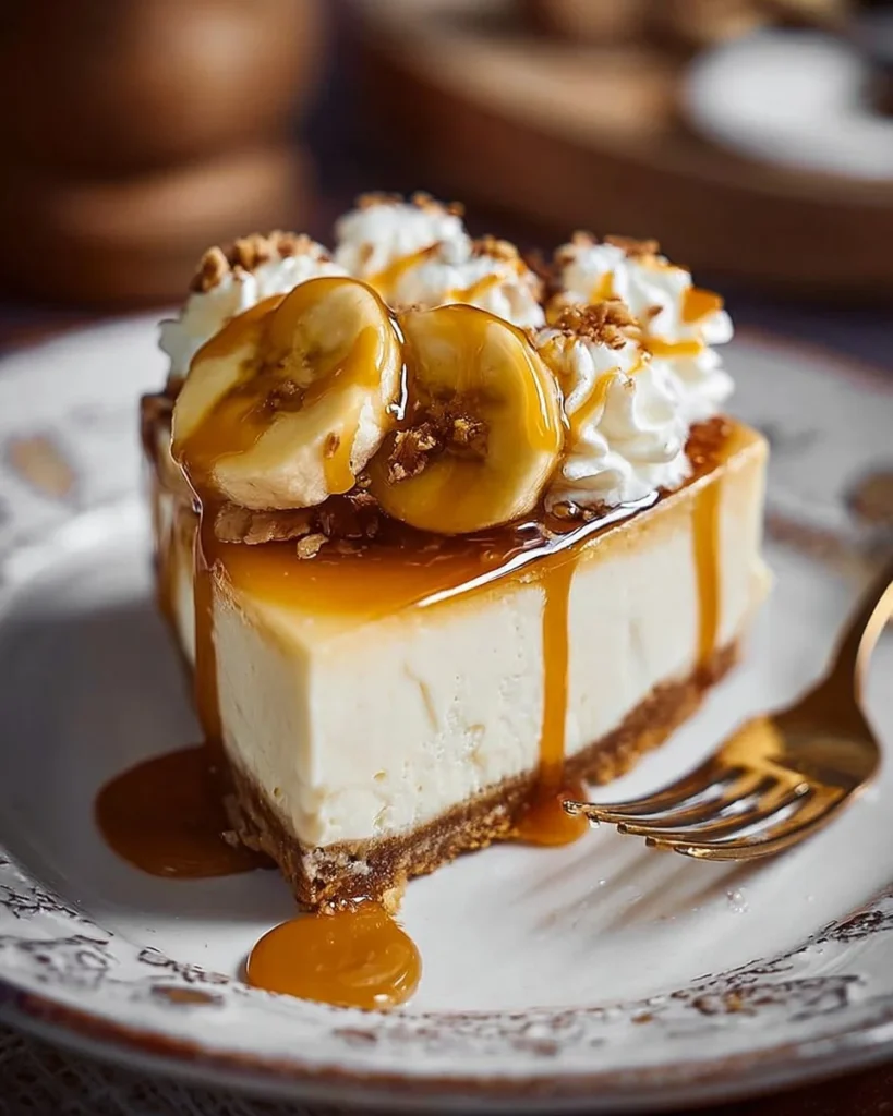Delicious no bake peanut butter banoffee cheesecake topped with bananas and caramel
