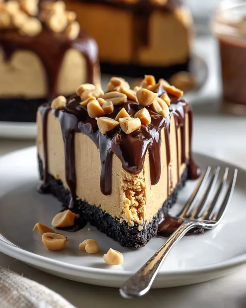 No bake peanut butter cheesecake topped with chocolate drizzle.
