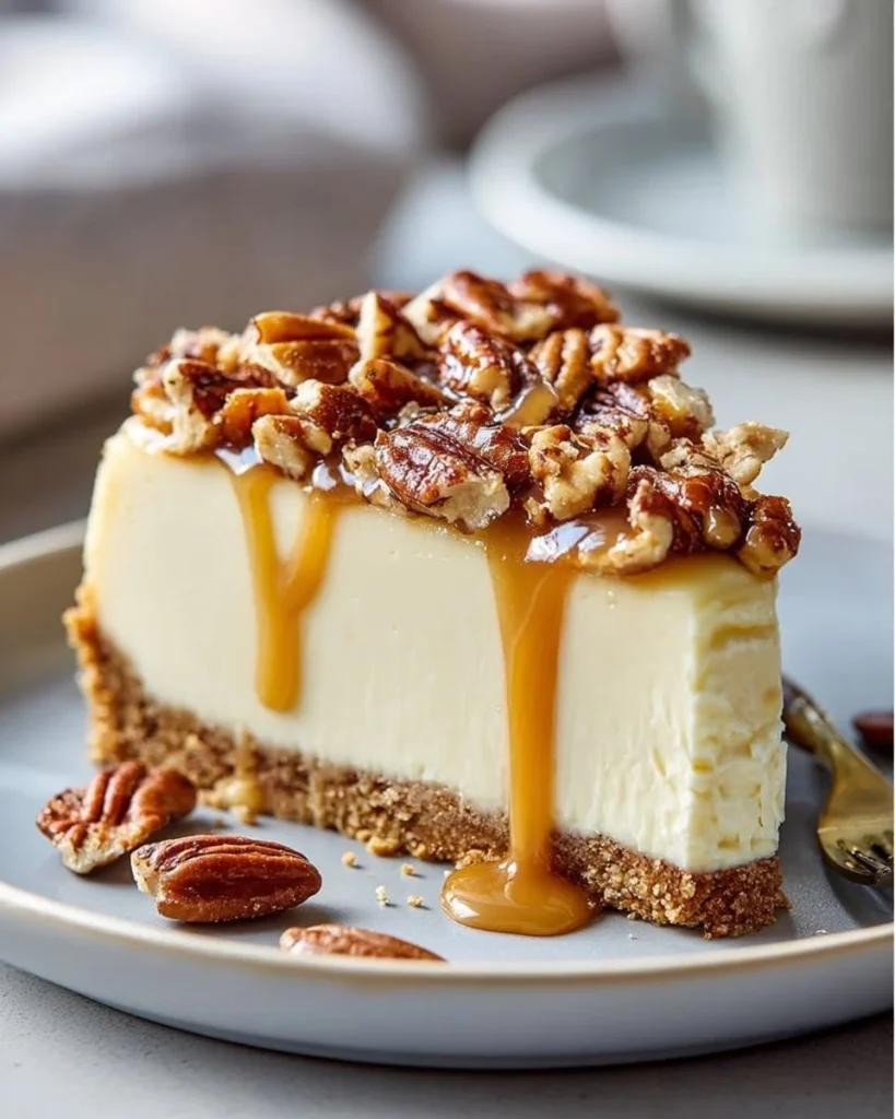 Slice of No-Bake Pecan Pie Cheesecake with caramel and pecans on top