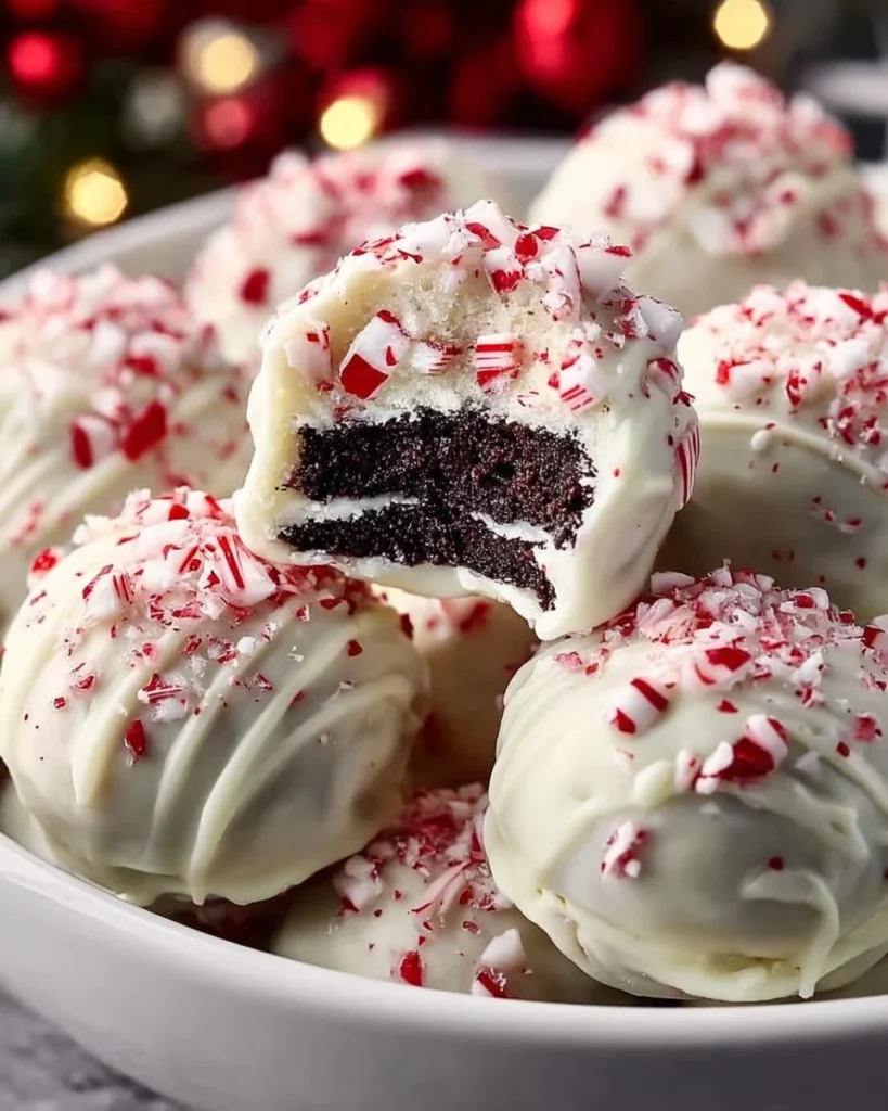 No-bake peppermint bark snowballs topped with crushed candy canes