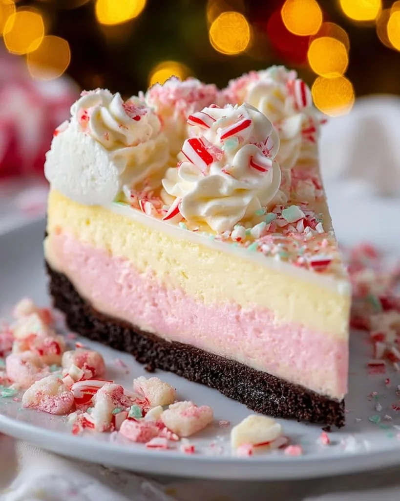 No-Bake Peppermint Cheesecake topped with crushed peppermint
