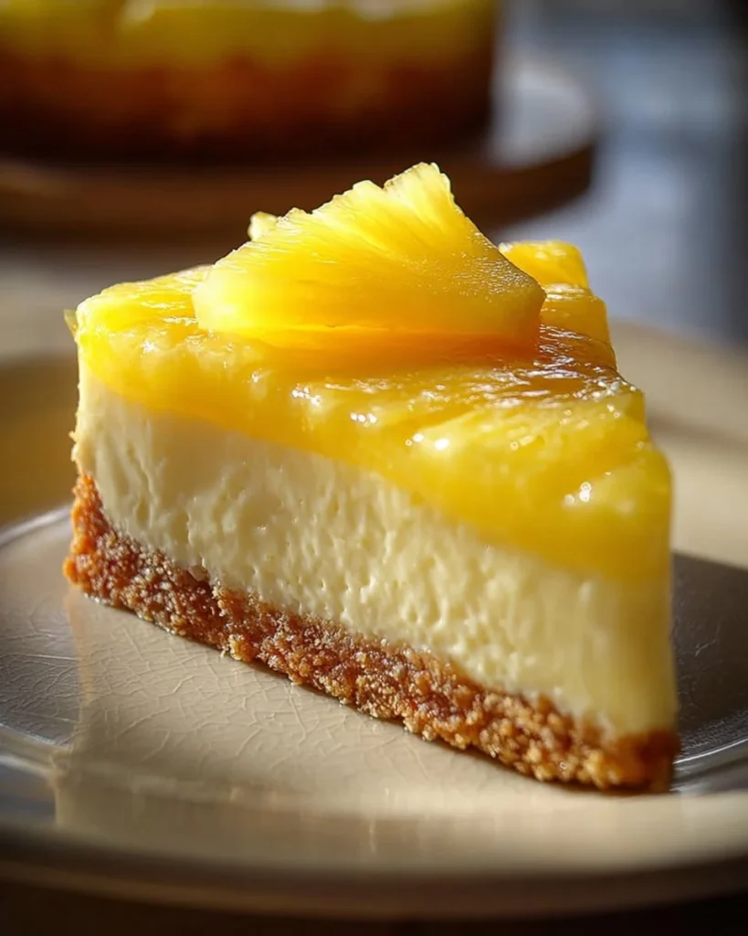 No bake pineapple cake topped with fresh pineapple slices and whipped cream