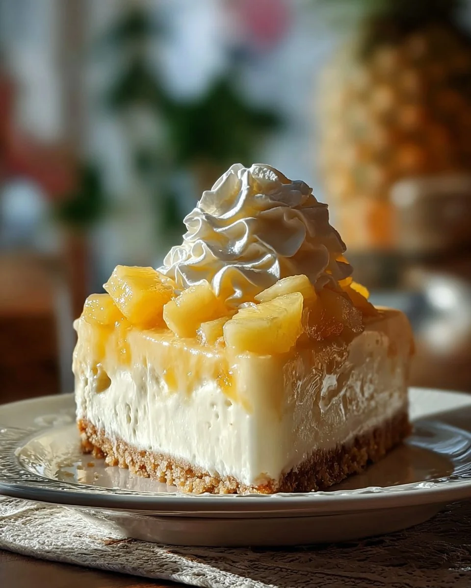 No-bake pineapple cream dessert served in a glass with pineapple slices on top