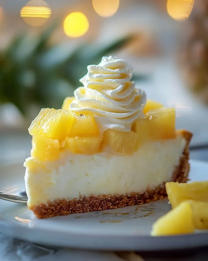Delicious no-bake pineapple cream dessert in a serving dish, topped with fresh pineapple.
