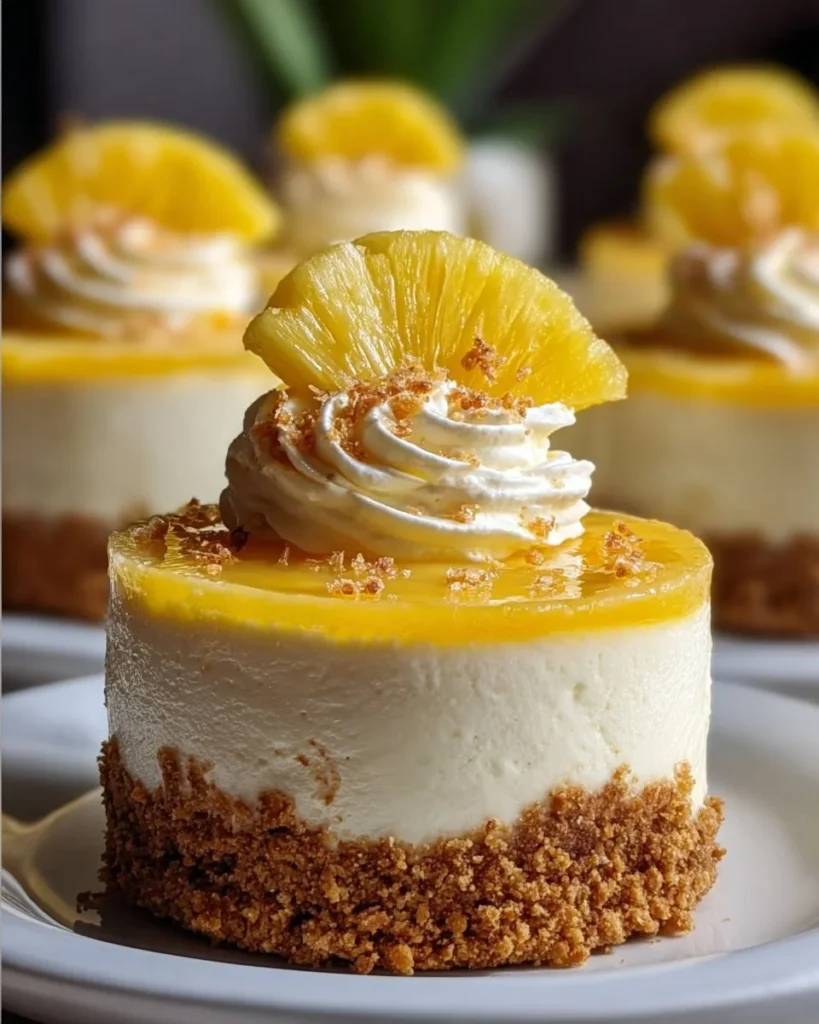 Delicious no-bake Pineapple Heaven Cheesecake dessert topped with fresh pineapple.