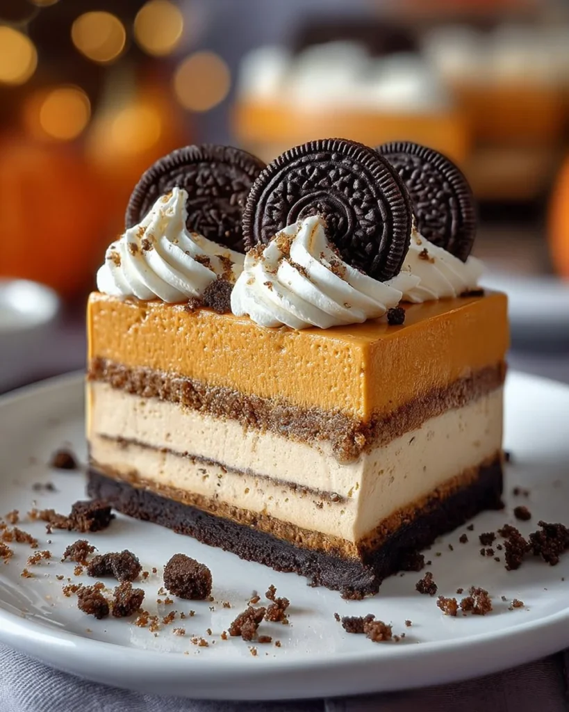 No-bake pumpkin cheesecake topped with whipped cream and spices