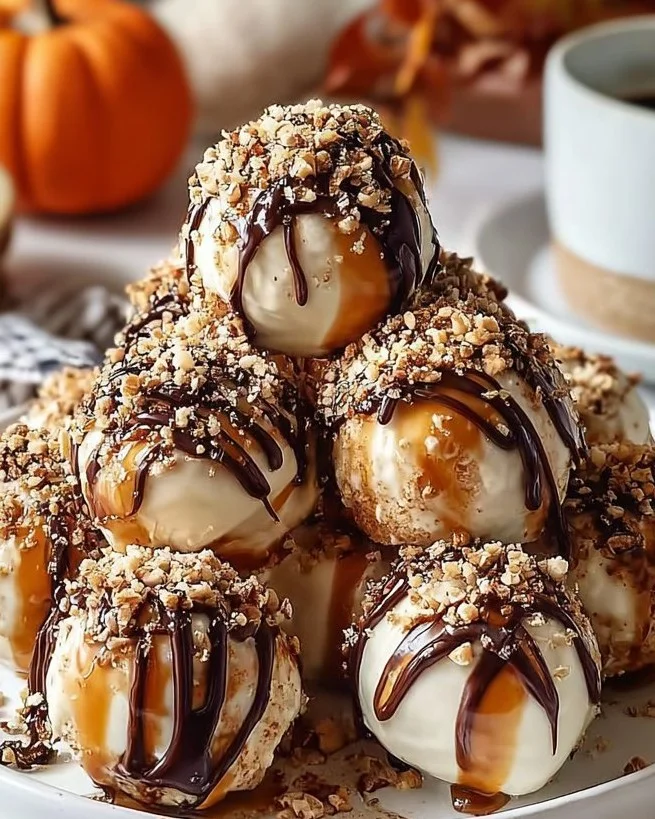 No-bake pumpkin cheesecake balls arranged on a white plate with fall decorations