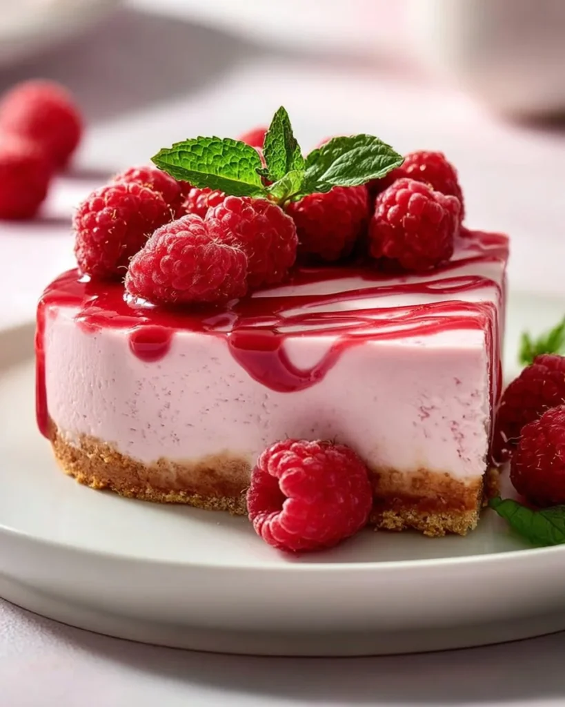 Delicious no bake raspberry cheesecake topped with fresh raspberries