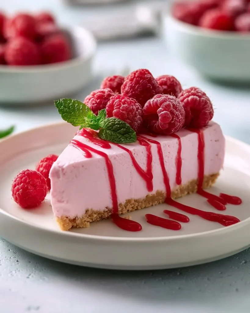 No bake raspberry cheesecake topped with fresh raspberries and whipped cream