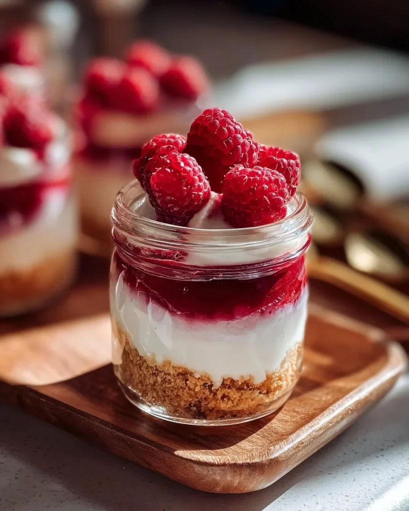No-bake raspberry cheesecake jars with fresh raspberries and a graham cracker crust
