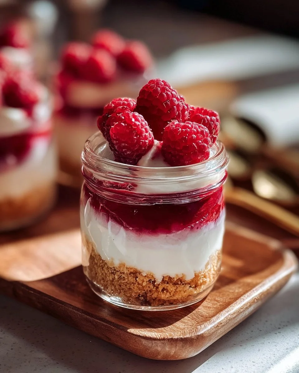 No-bake raspberry cheesecake jars with fresh raspberries and a graham cracker crust
