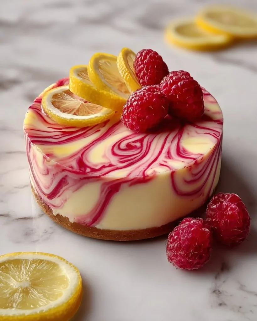 No-Bake Raspberry Lemon Swirl Cheesecake topped with fresh raspberries