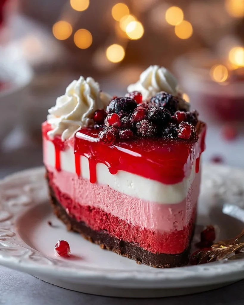 No-Bake Red Velvet Cheesecake topped with cream cheese and red velvet crumbs
