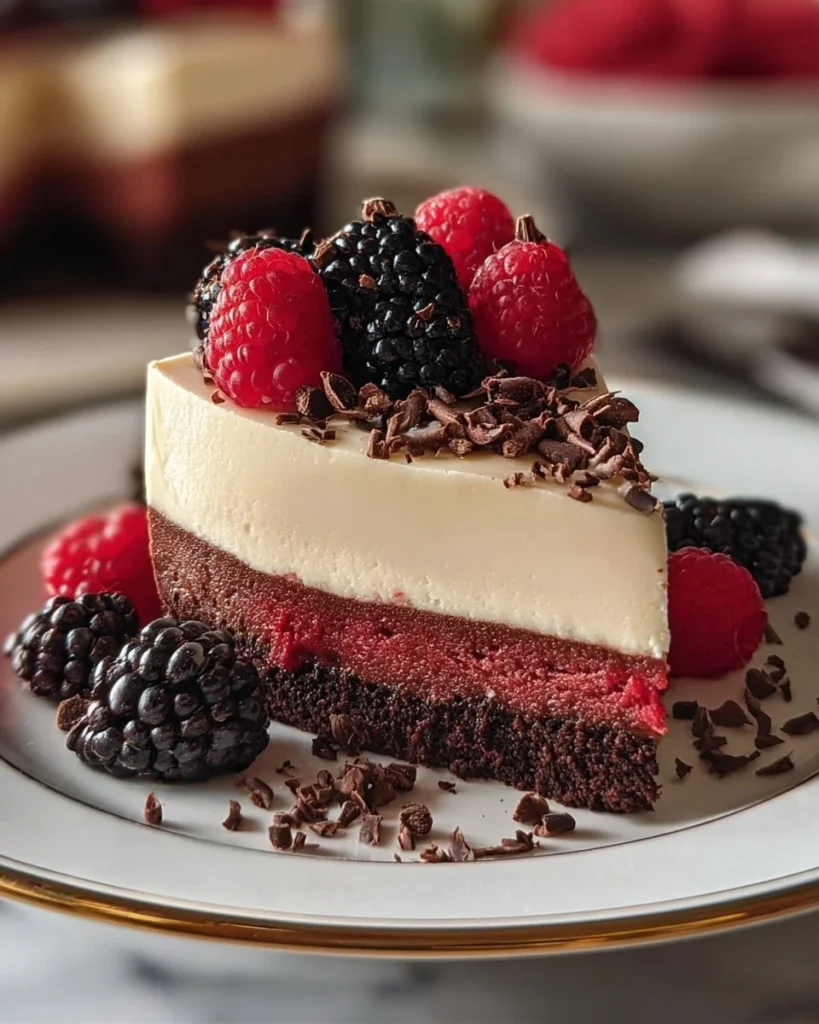 No-Bake Red Velvet Cookie Dough Cheesecake topped with cookie dough and cream cheese