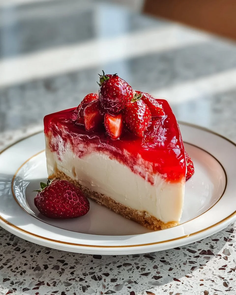 Delicious no-bake strawberry cheesecake with fresh strawberries on top