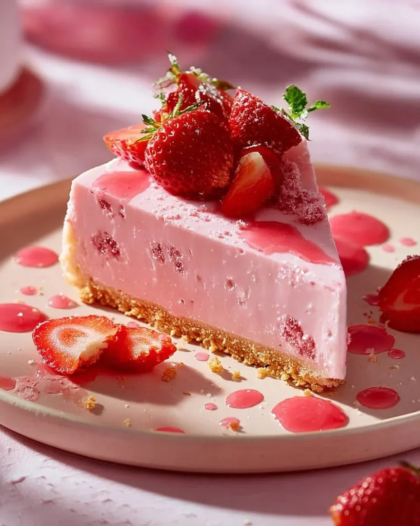 No-bake strawberry cheesecake topped with fresh strawberries and whipped cream.
