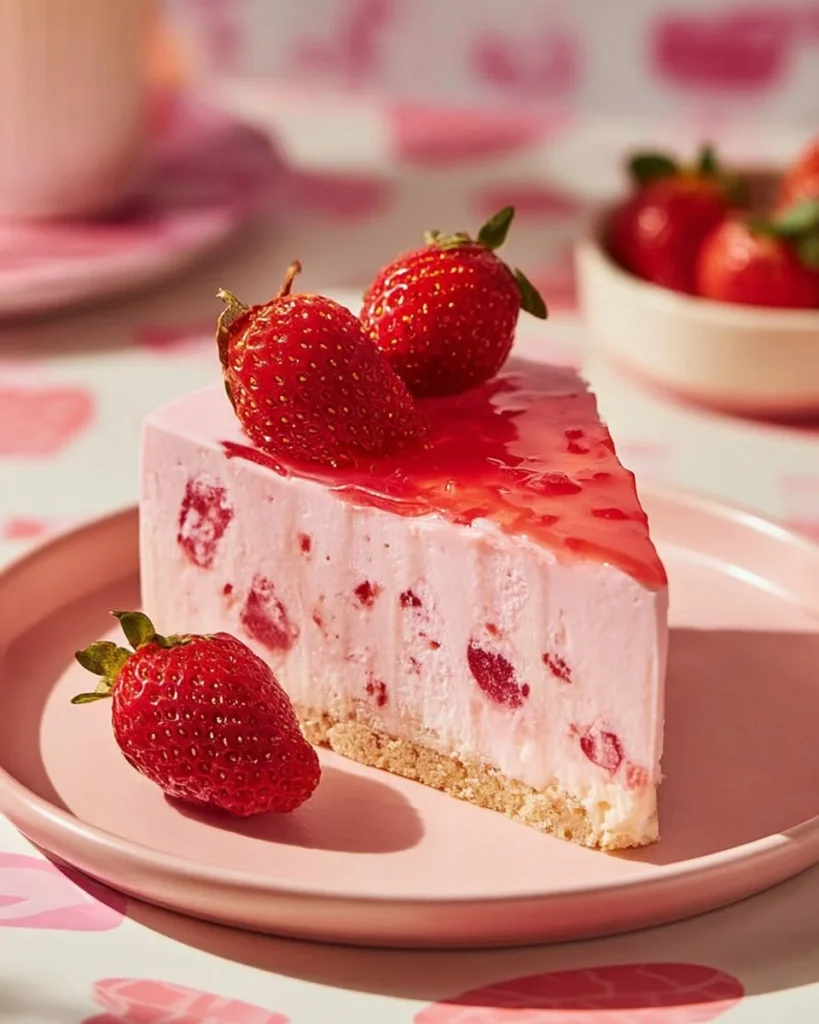 No-bake strawberry cheesecake topped with fresh strawberries