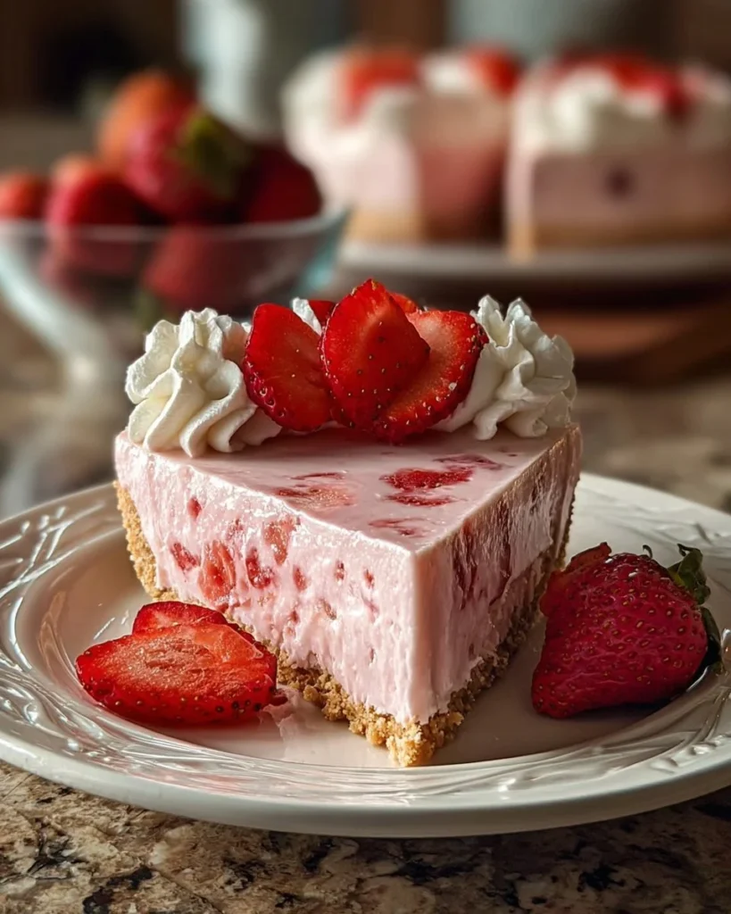 No-Bake Strawberry Cheesecake Cream Pie topped with fresh strawberries