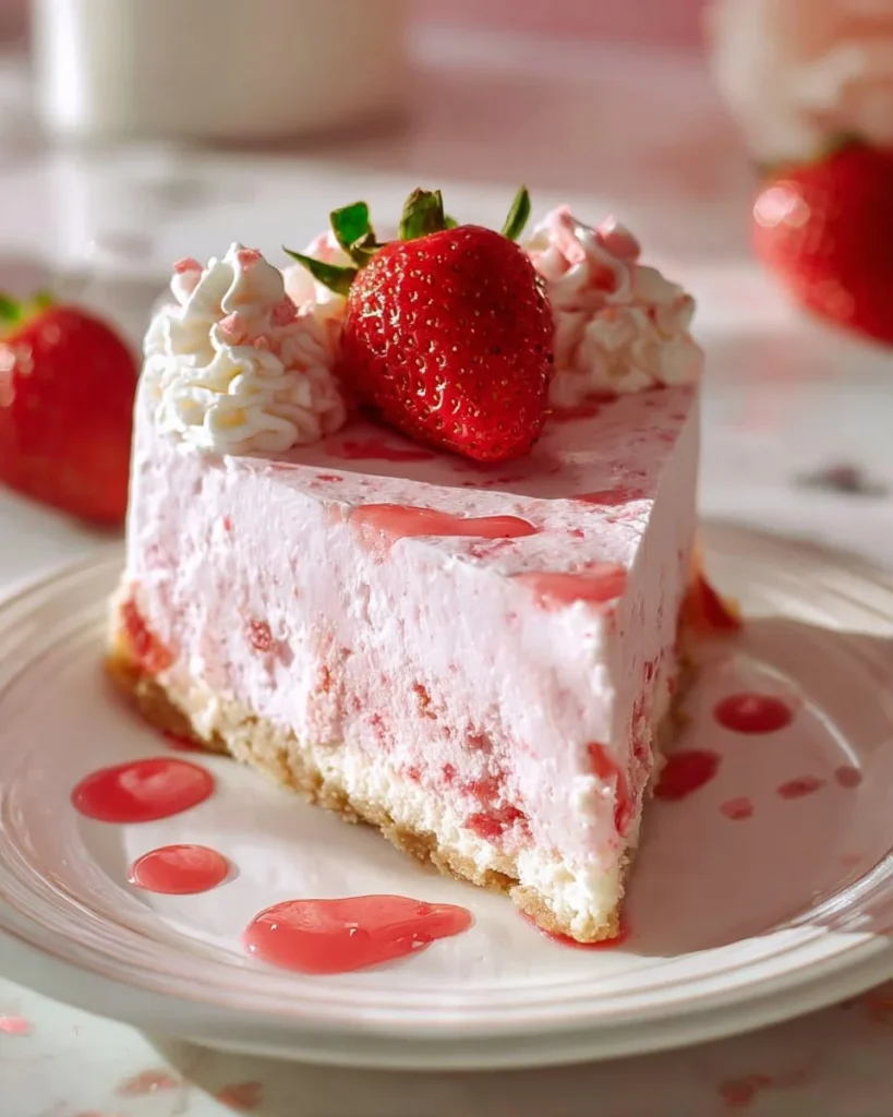 No-Bake Strawberry Cheesecake Cream Pie topped with fresh strawberries