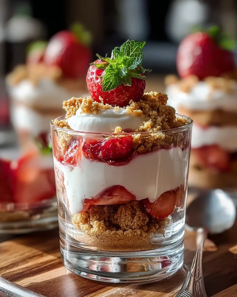 No-Bake Strawberry Cheesecake Parfaits topped with fresh strawberries and whipped cream