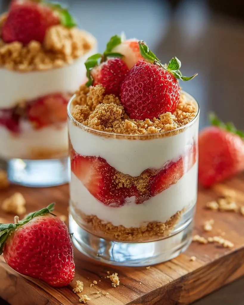 No-Bake Strawberry Cheesecake Parfaits served in glass cups with fresh strawberries