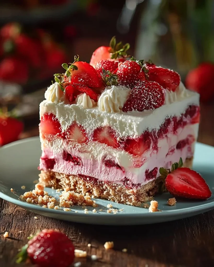 No-Bake Strawberry Crunch Cake topped with fresh strawberries and crunch layers