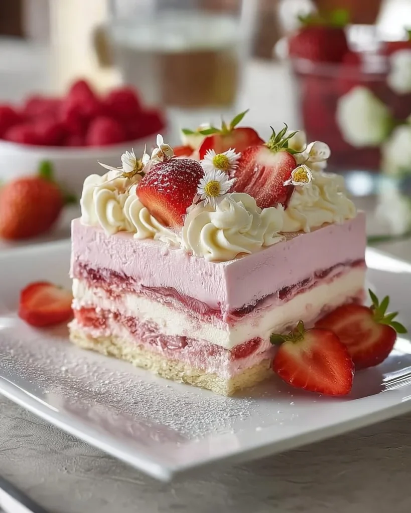 No-Bake Strawberry Crunch Cake topped with fresh strawberries and crunchy layers