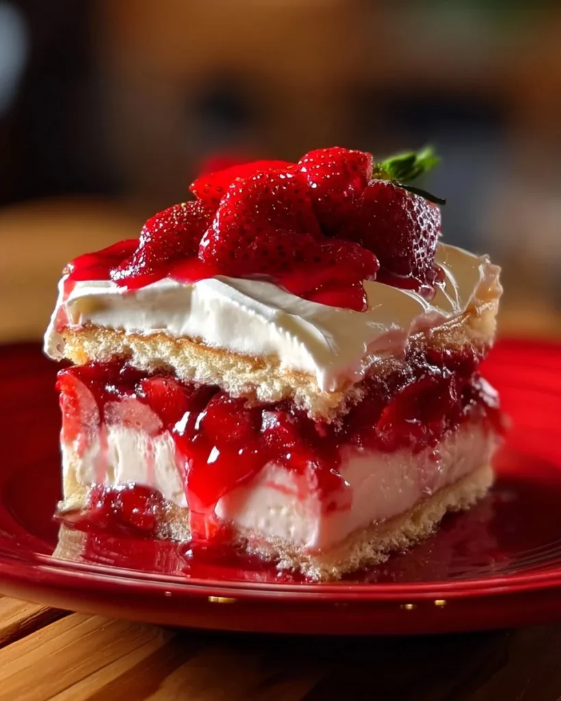 No-bake strawberry jello lasagna with layers of cream and fresh strawberries