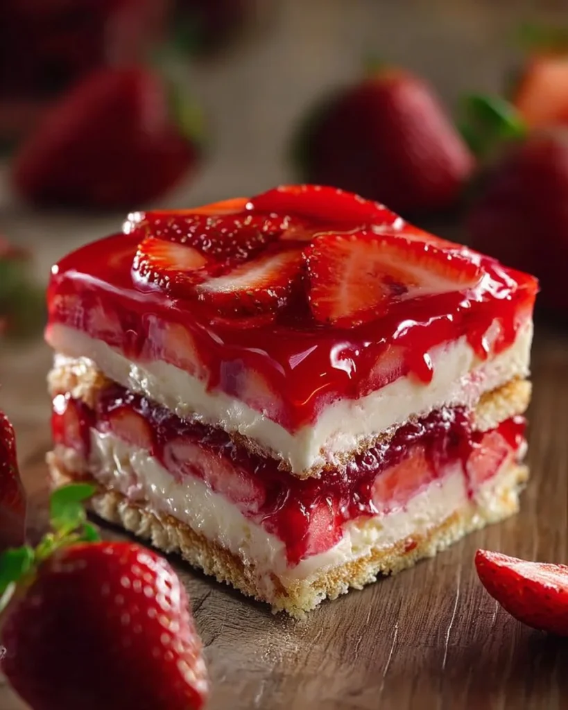 Delicious no-bake strawberry jello lasagna dessert with creamy layers