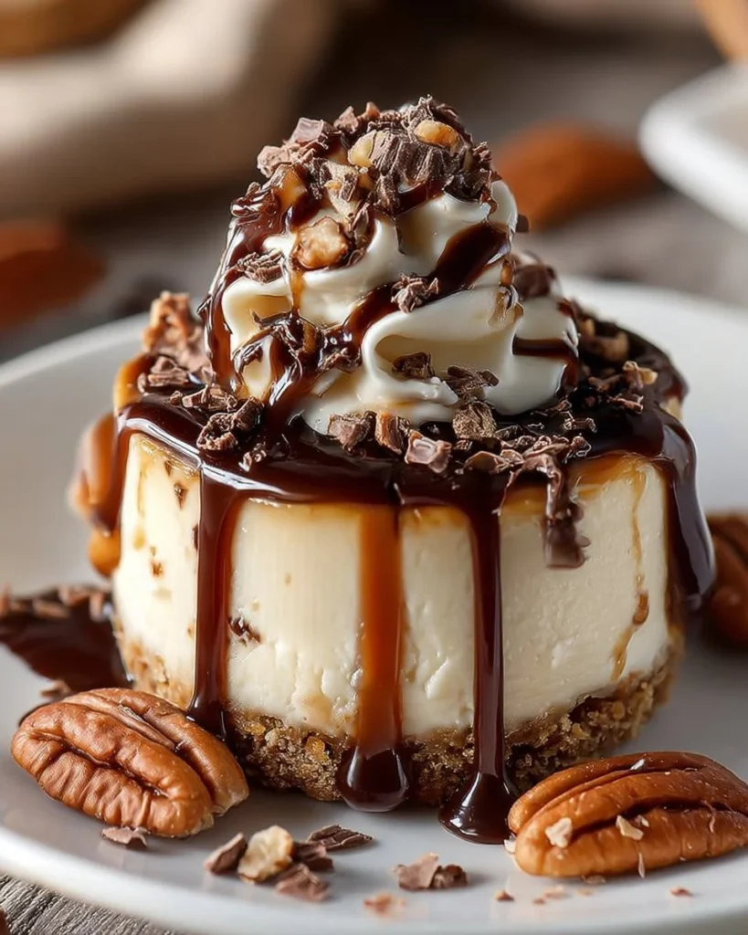 No bake turtle mini cheesecakes topped with chocolate sauce and pecans.