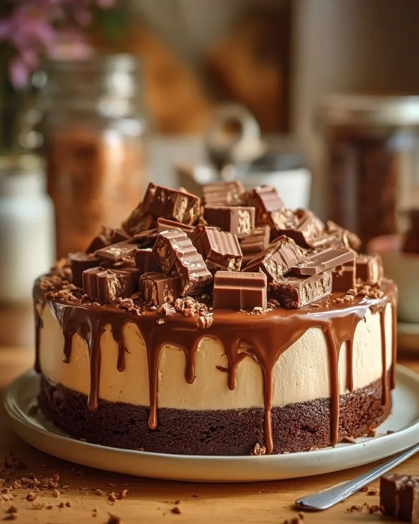 No-Bake Twix Cheesecake topped with caramel and chocolate layers