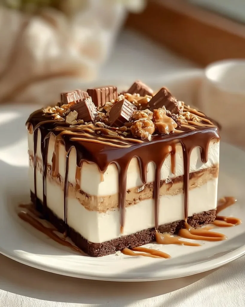 Delicious no-bake Twix cheesecake topped with chocolate and caramel.