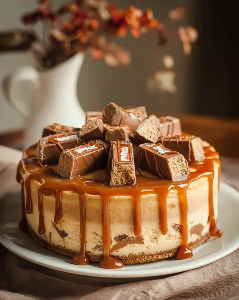 No-Bake Twix Cheesecake topped with chocolate and caramel sauce